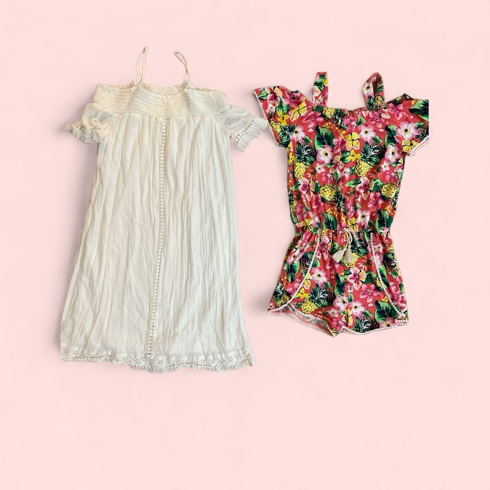 Girls floral romper & white art class off shoulder eyelet lace dress lot L 10-12